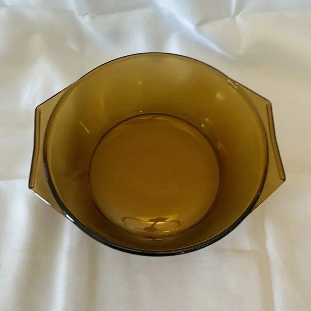VTG 1970s Arcopal France Smokey Yellow Glass Round Bakeware Serving Dish Handles